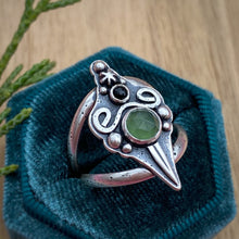 Load image into Gallery viewer, Green Serpentine &amp; Onyx Sword Statement Ring / Size 9.25-9.75