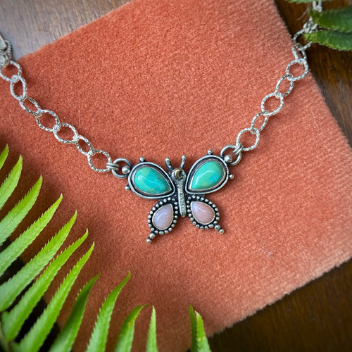 Kingman Turquoise & Pink Opal Lunar Butterfly Necklace / 17”