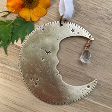 Load image into Gallery viewer, Brass &amp; Glass Crescent Moon Ornament {E}