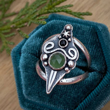 Load image into Gallery viewer, Green Serpentine &amp; Onyx Sword Statement Ring / Size 9.25-9.75