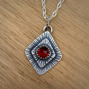 Garnet Shield Stamped Pendant Necklace / 19”
