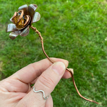 Load image into Gallery viewer, Copper, Brass, &amp; Glass Flower Pick / Yellow + Black Swirl