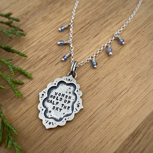 “Women Hold Up Half the Sky” Ornate Frame Necklace / 22”