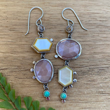 Load image into Gallery viewer, Asymmetrical Mother of Pearl, Peach Moonstone, Copper Calcite, &amp; Turquoise Earrings