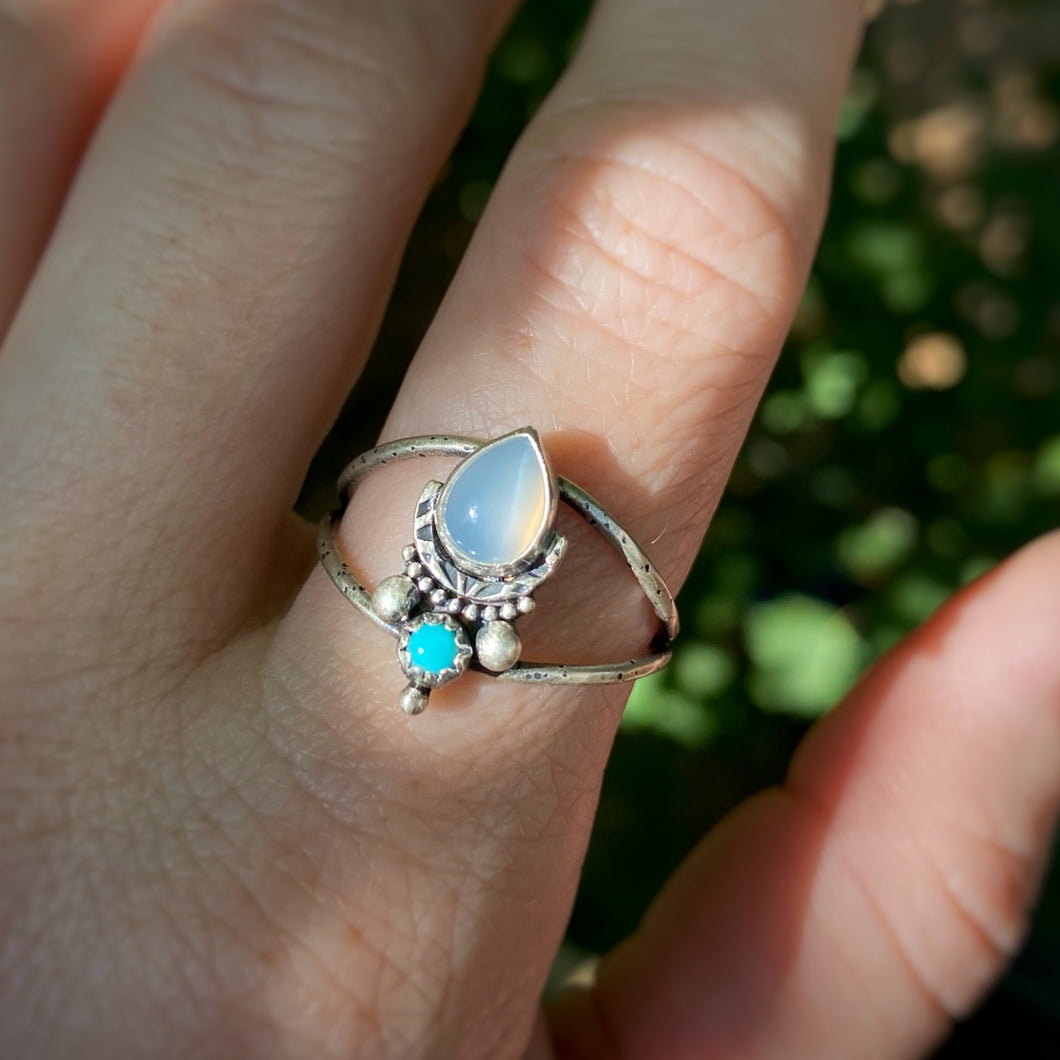 White Moonstone & Turquoise Statement Ring / Size 11.25 - 11.5