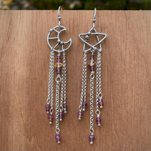 Garnet Moon & Star Beaded Fringe Earrings