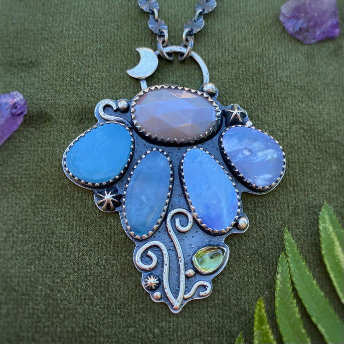 Boulder Opal, Peach Moonstone, & Peridot Lunar Flower Necklace / 19.5”