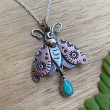 Load image into Gallery viewer, Kingman Turquoise Mixed Metal Moth Necklace / 22”