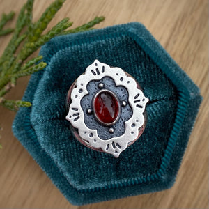 Garnet Ornate Frame Ring / Size 7-7.25