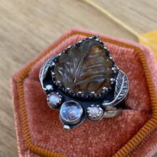 Load image into Gallery viewer, Rutilated Quartz, Amethyst, &amp; Peach Moonstone Leaf Ring / Size 7.5