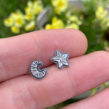 Load image into Gallery viewer, Silver Layered Moon &amp; Star Stud Earrings