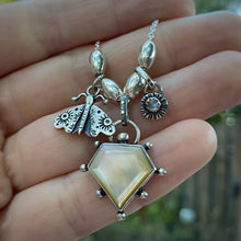 Load image into Gallery viewer, Mother of Pearl &amp; Labradorite Moth Charm Necklace / 18”