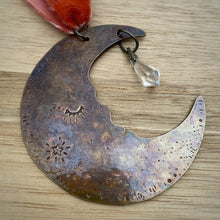 Load image into Gallery viewer, Brass &amp; Glass Crescent Moon Ornament / Rust