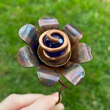 Load image into Gallery viewer, Copper, Brass, &amp; Glass Flower Pick / Navy Dots