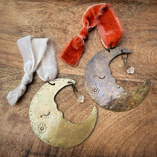 Load image into Gallery viewer, Brass &amp; Glass Crescent Moon Ornament / Rust