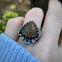 Load image into Gallery viewer, Rutilated Quartz, Amethyst, &amp; Peach Moonstone Leaf Ring / Size 7.5