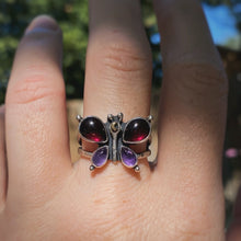 Load image into Gallery viewer, Garnet &amp; Amethyst Lunar Butterfly Ring / Size 10