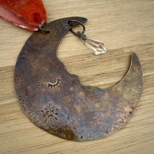 Load image into Gallery viewer, Brass &amp; Glass Crescent Moon Ornament / Rust