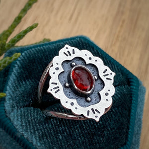 Garnet Ornate Frame Ring / Size 7-7.25