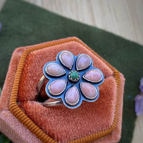 Pink Opal & Chinese Turquoise Flower Power Ring / Size 9.25