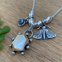 Load image into Gallery viewer, Mother of Pearl &amp; Turquoise Moth Charm Necklace / 17”