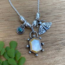Load image into Gallery viewer, Mother of Pearl &amp; Turquoise Moth Charm Necklace / 17”