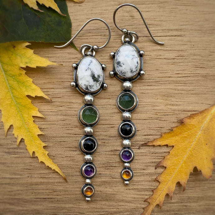 Dendritic Opal, Green Serpentine, Onyx, Amethyst, & Citrine Statement Earrings