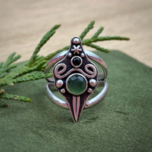 Load image into Gallery viewer, Green Serpentine &amp; Onyx Sword Statement Ring / Size 9.25-9.75