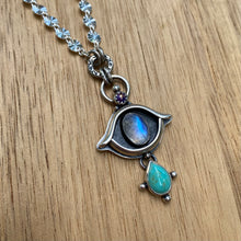 Load image into Gallery viewer, Rainbow Moonstone, Kingman Turquoise, &amp; Purple Copper Turquoise Eye Necklace / 21”