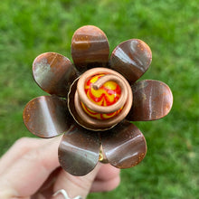Load image into Gallery viewer, Copper, Brass, &amp; Glass Flower Pick / Red + Yellow Swirl