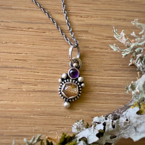 Amethyst & Sunstone Pendant Necklace / 16”