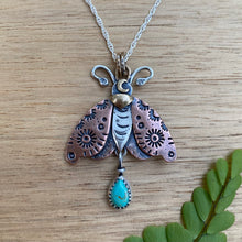 Load image into Gallery viewer, Kingman Turquoise Mixed Metal Moth Necklace / 22”
