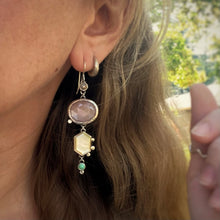 Load image into Gallery viewer, Asymmetrical Mother of Pearl, Peach Moonstone, Copper Calcite, &amp; Turquoise Earrings