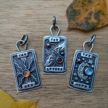Load image into Gallery viewer, Rainbow Moonstone "The Moon" Tarot Card Charm / No Chain