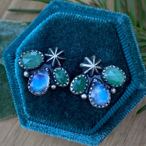 Emerald & Rainbow Moonstone Studs