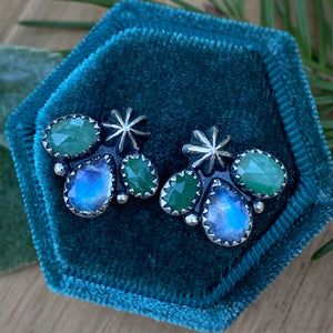 Emerald & Rainbow Moonstone Studs