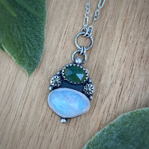 Emerald, Rainbow Moonstone, & Pyrite Pendant Necklace / 19”