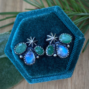 Emerald & Rainbow Moonstone Studs