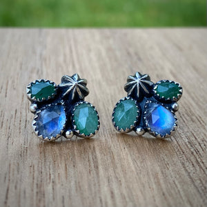 Emerald & Rainbow Moonstone Studs