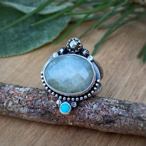 Aquamarine, Pyrite, & Turquoise Statement Ring / Size 5.5 - 6