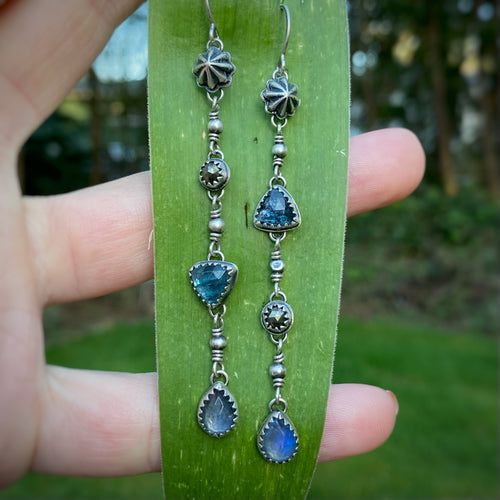 Pyrite, Kyanite, & Rainbow Moonstone Long Drop Earrings