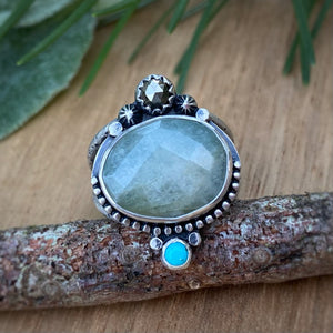 Aquamarine, Pyrite, & Turquoise Statement Ring / Size 5.5 - 6