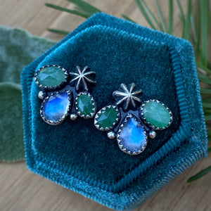 Emerald & Rainbow Moonstone Studs