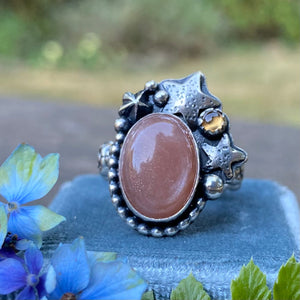 Peach Moonstone & Hessonite Garnet Statement Ring / Size 6