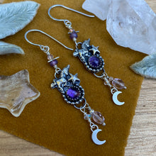 Load image into Gallery viewer, Amethyst Unicorn Beaded Dangly Earrings