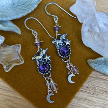 Load image into Gallery viewer, Amethyst Unicorn Beaded Dangly Earrings