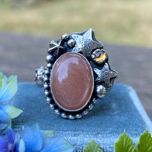 Peach Moonstone & Hessonite Garnet Statement Ring / Size 6