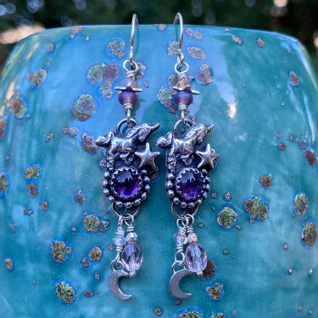 Amethyst Unicorn Beaded Dangly Earrings
